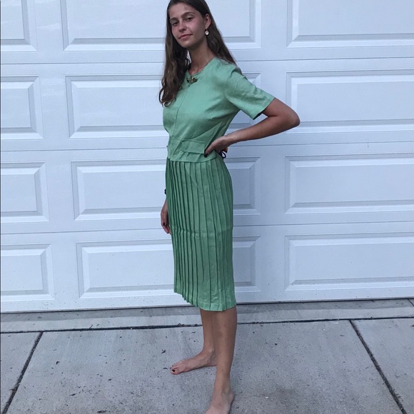 Vintage 1950 1960 turquoise pleated midi skirt set - Picture 4 of 8